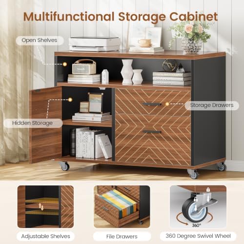 SEDETA 71" Executive Desk with Rolling File Cabinet, Large Office Desk with Drawers, L Shaped Computer Desk with Power Outlets, CPU Stand, Pegboard and Storage Shelves, Brown
