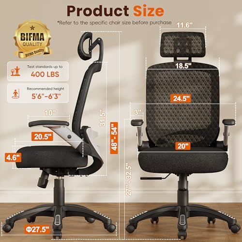 GABRYLLY Ergonomic Office Chair, High Back Home Desk Chair with Flip-Up Arms, 3D Headrest, Thick Sponge Seat &90-120° Recline, Big and Tall Mesh Executive Chairs for Man Woman, Midnight-Cloud