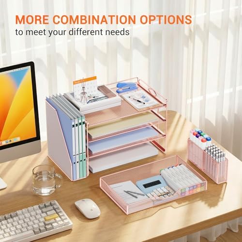 OPNICE Desk Organizers and Accessories, 4-Tier Desktop File Organizer with Drawer and Pen Holders, Office Desk Accessories Workspace Organizers for Office Supplies (Rose Gold)