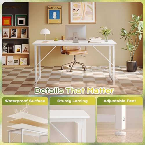PRAISUN 55 Inch Computer Desk, Office Desk, Spacious Desktop, White