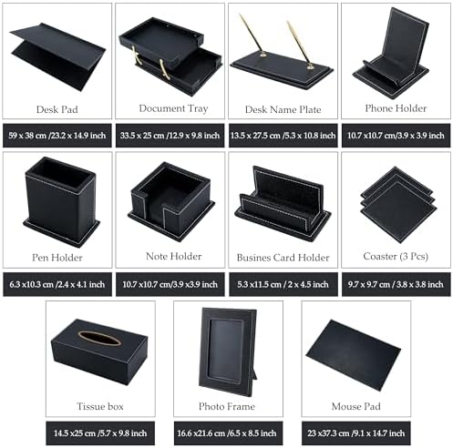 Leather Desk Set, 13-Piece All-in-One – Executive Desk Accessories & Office Supplies, Desk Organizer with Desk Pad & Blotter, 2-Tier Letter Tray, Luxury Office Desk Decor & Boss Gifts (Black)