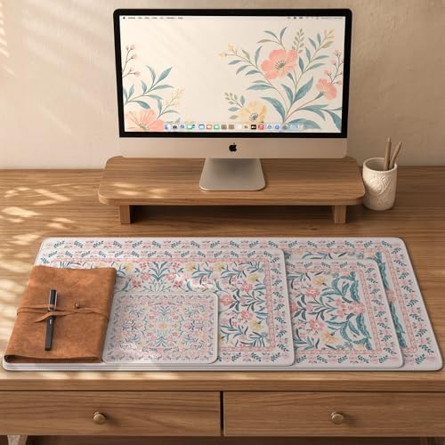 iCasso Aesthetic Mouse Pad for Office Decor,23.6x13.7in,Pink Floral