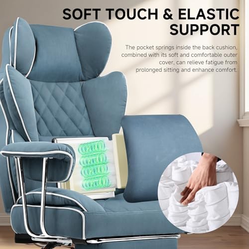 COMHOMA Big and Tall Gaming Chair with Pocket Spring Lumbar Support, Ergonomic Office Chair with Footrest, Executive Desk Chair with Outward Fixed Soft Armrests, Computer Chair with High Back, Blue