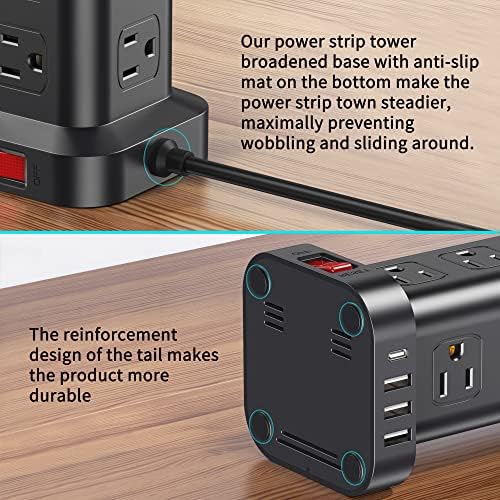 Extension Cord with Multiple Outlets, SMALLRT Surge Protector Power Strip Tower, PD 20W USB C, Outlet Extender with USB Ports 12 AC Outlets, 6.5FT Extension Cord for Home Office, Overload Protection