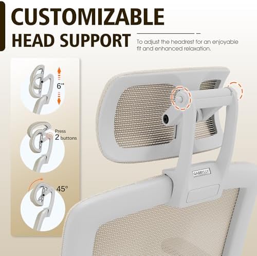 GABRYLLY Ergonomic Office Chair, High Back Home Desk Chair with Headrest, Flip-Up Arms, 90-120° Tilt Lock and Wide Cushion, 300LBS Mesh Chairs for Man Woman, White Task Chair(Beige,GY01WBG)