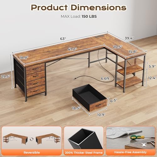 Huuger 63 Inch L Shaped Desk with Fabric Drawers, Computer Office Desk with Power Outlets and USB-C Port, Corner Desk with Storage Shelves, Work Study Home Office, Reversible, Rustic Brown