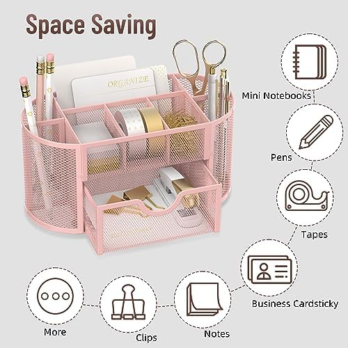Mesh Desk Organizer with Drawer, 9-Compartment Pen Holder for Desk, Pink