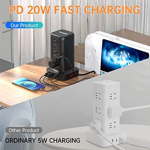 Extension Cord with Multiple Outlets, SMALLRT Surge Protector Power Strip Tower, PD 20W USB C, Outlet Extender with USB Ports 12 AC Outlets, 6.5FT Extension Cord for Home Office, Overload Protection