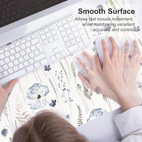 QiyI PU Leather Large Mouse Pad, Office Decor, 31.5" x 15.7", Blue Flowers