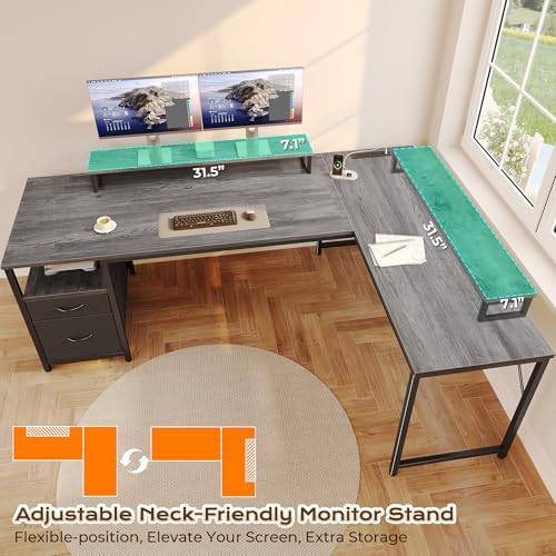 PRAISUN 63 Inch L Shaped Desk with Power Outlets and USB-C Port, Computer Corner Home Office Desk with File Fabric Drawers and Movable Monitor Stand, Larger Storage, Gaming, Writing, Work, Grey