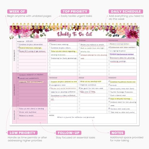 Weekly To Do List Notepad with 52 Undated Sheets（8.5"×11"）- Undated Weekly Planner Notepad for Office Desk Accessories and Supplies - Pink Whisper