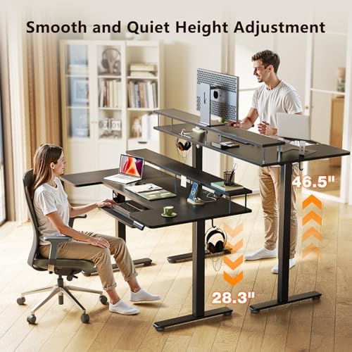 OffiGo 55 Inch U Shaped Electric Standing Desk with Keyboard Tray, Black
