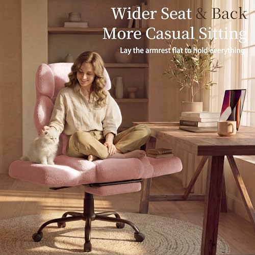 Office Chair with Flip Armrests,Big and Tall Office Chair with Foot Rest,Extra Wide Seat & Lumbar Pillow,Comfy Criss Cross Chair for Pets Sitting,Ergonomic Computer Gaming Chair,Teddy Fleece,Pink