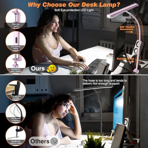 Airlonv LED Desk Lamp with Clamp, 17" Stepless Dimming Light (Pink)