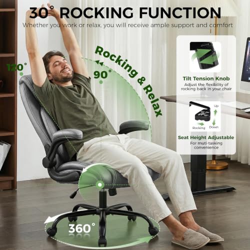 Office Chair, Ergonomic Executive Desk Chair with Lumbar Support for Lower Back Pain Relief, Padded Flip-Up Armrests, Leather Home Office Chair, Gray