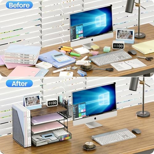 OPNICE Desk Organizers and Accessories, 4-Tier Desktop File Organizer with Drawer and Pen Holders, Office Desk Accessories Workspace Organizers for Office Supplies (Brown)