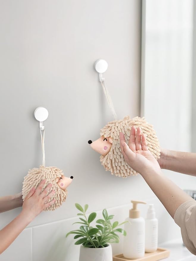 Sophie & Panda Fuzzy Ball Hand Towels - Smiley Hedgehog Hand Towels Family Set – Dry Your Hands Instantly and Conveniently with These Decorative Towels for Bathroom (2-Pack Beige)
