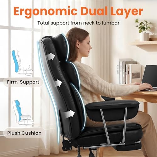 NEO CHAIR Big & Tall Leather Office Chair, High Back, Lumbar Support, Black