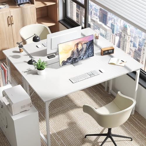 Huuger Computer Desk, 55 Inch Home Office Desk, Gaming Writing Work from Home Study Desk, Large Legroom, Sturdy Metal Frame, Modern Simple, White