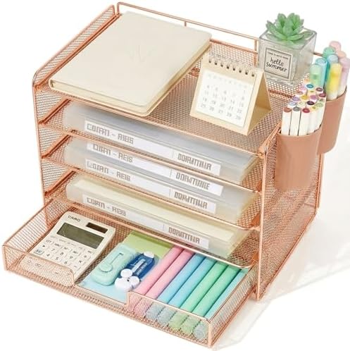 LEKETREE Desk Organizer and Accessories, 5-Tier Paper Letter Tray Organizer with Drawer & 2 Pen Holders for Desktop File Organization, Office Desk Accessories for Supplies Storage (Rose Gold)