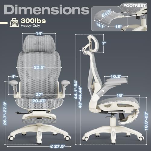 ELABEST X100 Ergonomic Mesh Office Chair with Footrest, Big and Tall Home Desk Chair with 5D Flip-Up Arms, Adjustable 3D Lumbar Support, Gaming & Executive Computer Chair (First Light)