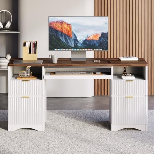 Bestier Computer Desk with Keyboard Tray, 59 inch Office Desk with 4 Drawers, Modern Home Office Desk with File Drawer (Walnut with White, 59" W with Double-Sided Drawers)