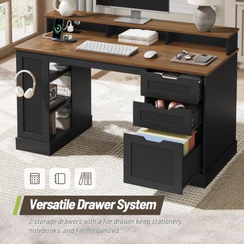 55-inch Farmhouse Executive Desk with 2 Drawers and File Cabinet