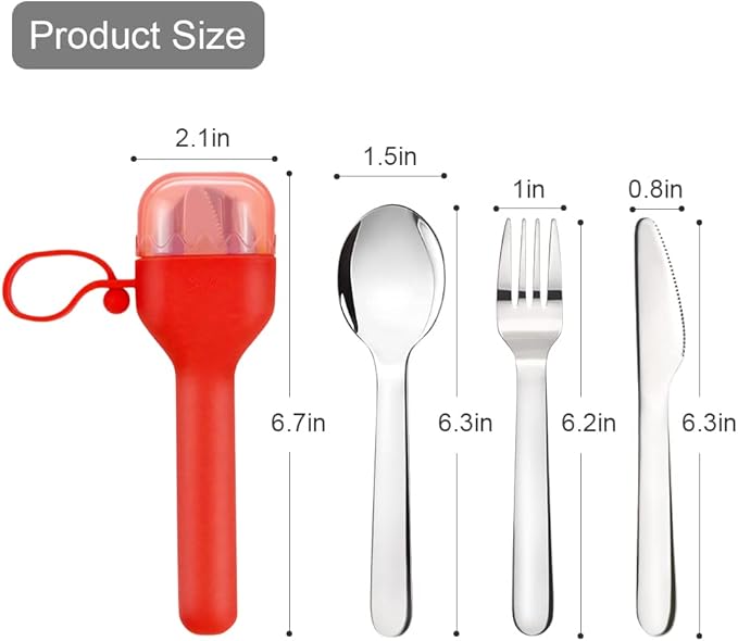 Sophico Travel Utensils Set for Camping and Kids Lunch Box, Stainless Steel Fork and Spoon, Knife Silverware Flatware Sets with Silicone Case - Portable & Leak-proof, Dishwasher Safe & BPA Free (Red)
