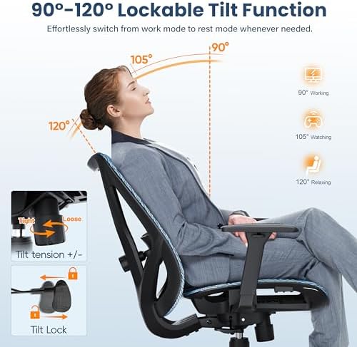 Ergonomic Office Chair, Mesh Computer Desk Chairs with BIFMA X5.1 Certified, Adjustable Lumbar Support, 3D Arm, Tilt Back, Wide Seat, Comfy Swivel Work Task Chair for Company and Home (Azure Blue)