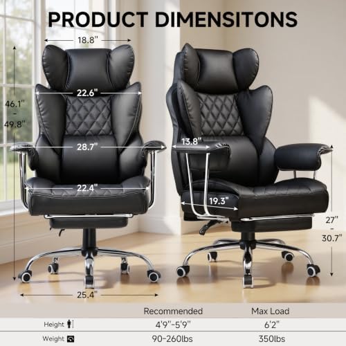 COMHOMA Big and Tall Office Chair, High Back Leather Gaming Chair with Footrest, Executive Ergonomic Office Chair with Pocket Spring Lumbar Support and with Outward Fixed Soft Armrests