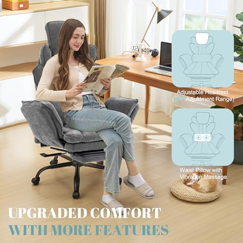 Flip Armrests Criss Cross Office Chair, Reclining Office Chair with Foot Rest, Adjustable Headrest, Massage Waist Pillow, Cross Legged Big and Tall Desk Chair Wide Seat Vanity Chair, Grey Fabric