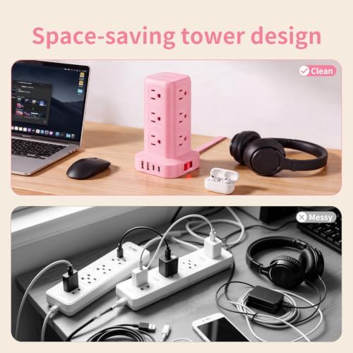 Extension Cord with Multiple Outlets, SMALLRT Power Strip Tower, Outlet Extender with 12 AC Outlets 4 USB, 6.5FT Extension Cord for Home Dorm Room, Office Supplies, Pink