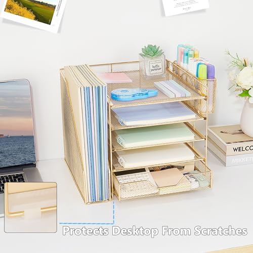 5-Tier Desk File Organizer with Drawer & Pen Holder (Gold)