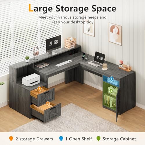 63" Farmhouse L Shaped Desk with Drawers & Printer Shelf for Home Office