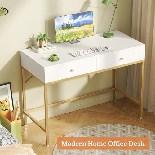 SUPERJARE 39.4" White and Gold Desk with 2 Drawers, Modern Makeup Desk