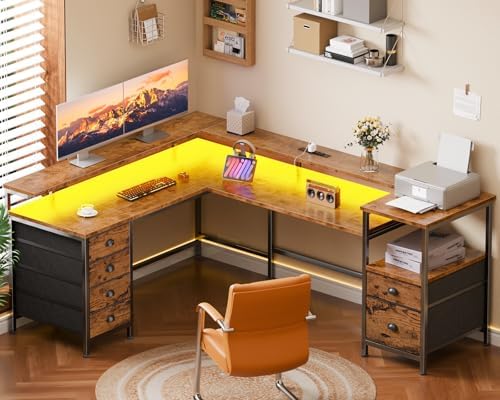 Furologee 66'' L Shaped Computer Desk with 6 Drawers & LED, Rustic Brown