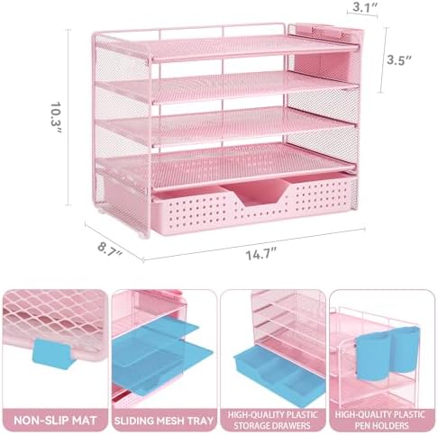 LEKETREE Desk Organizers and Accessories, 5-Tier Paper Letter Tray Organizer with Drawer & 2 Pen Holders, Desktop Organizer for Office Supplies (Pink)