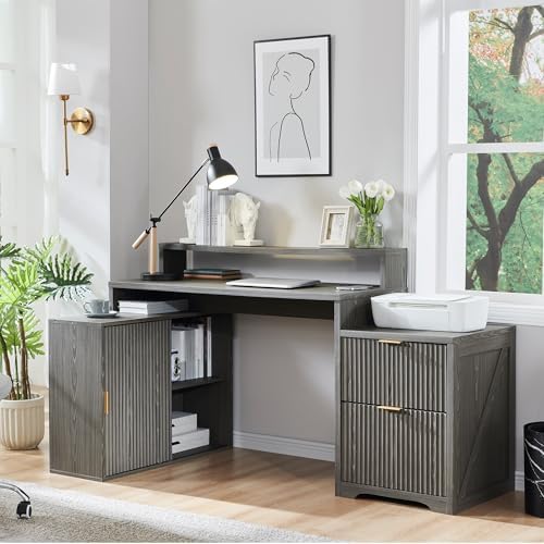 67"Modern Desk with Cabinet & 2 Drawers, Fluted Office Desk Built‑in Outlet