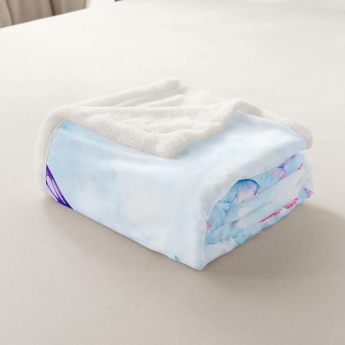 Feelyou Butterfly Fleece Throw Blanket Twin 60"x80" Kids Butterflies Lover Sherpa Blanket Plush Fuzzy for Bed Couch Chair Living Room, Purple Blue Watercolor Bed Blanket Gorgeous Room Decor