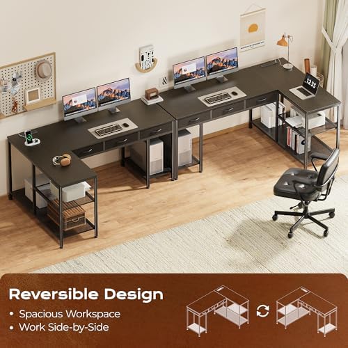 PRAISUN 55 Inch L Shaped Office Desk with Power Outlets and Type-C Port, Large Computer Gaming Desk with 3 Fabric Drawers, Mesh Shelves, Corner Study Work Writing Desk, Black