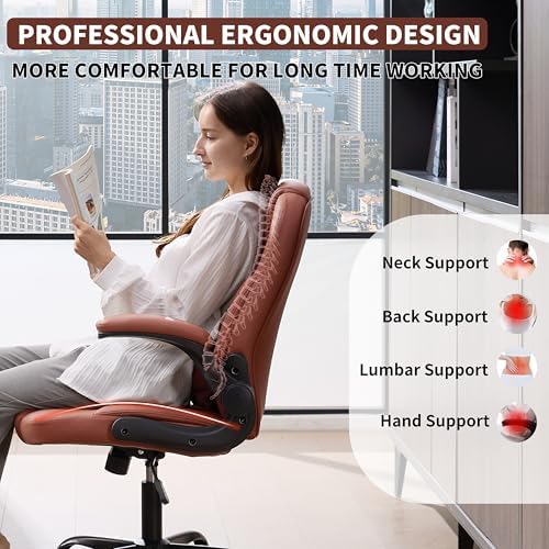 Leather Office Chair Swivel Lumbar Support for Short People Brown