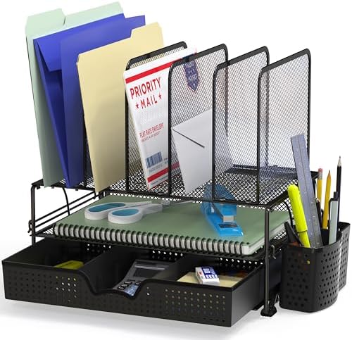 Simple Houseware Desk File Organizer for Office Supplies w/Drawer, Black