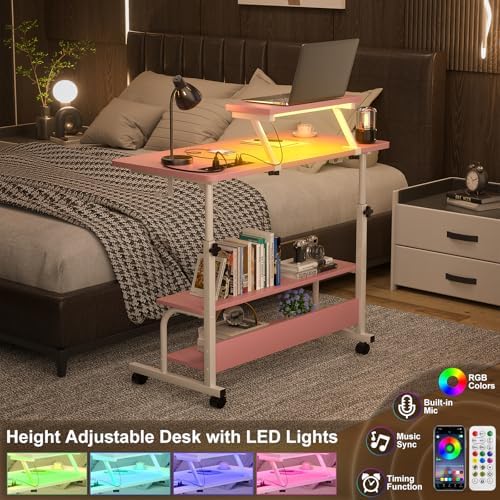 Height Adjustable Standing Desk with Power Outlets and LED Lights - 32" Manual Stand Up Desk with Monitor Stand and Storage Shelves Small Mobile Rolling Computer Desk Portable Laptop Table, Pink