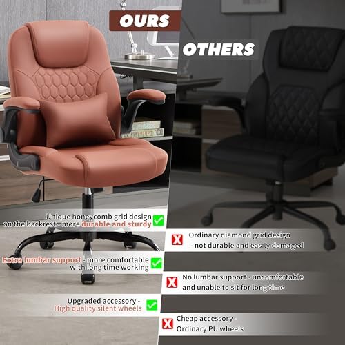 Leather Office Chair Swivel Lumbar Support for Short People Brown