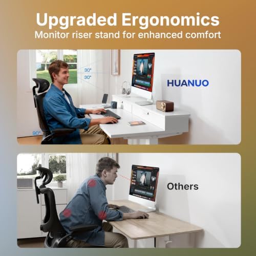 HUANUO 32" X 21" Electric Standing Desk with 2 Drawers, C-Clamp Mount Compatible, Height Adjustable Computer Desk, Home Office Stand Up Desk with 4 Preset Heights & 2 Hooks, White