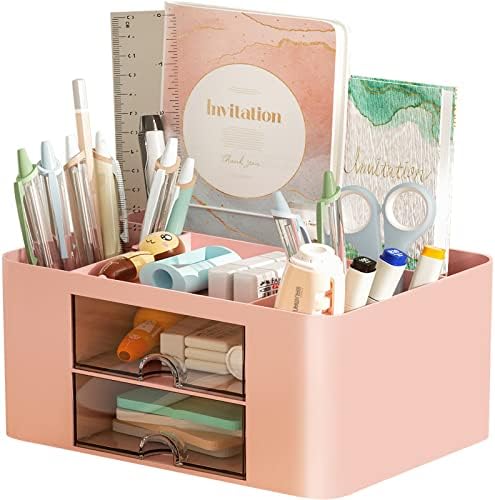 Marbrasse Pen Organizer with 2 Drawer, Multi-Functional Pencil Holder for Desk, Desk Organizers and Accessories with 5 Compartments + Drawer for Office Art Supplies (Pink)
