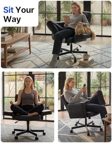 HUANUO Criss Cross Chair with 6-Point Adjustable Armrests, Pet-Friendly Criss Cross Office Chair, Comfortable Cross Leg Chair with Wide Seat, Durable PU Leather, Side Storage Pocket, Easy Assembly