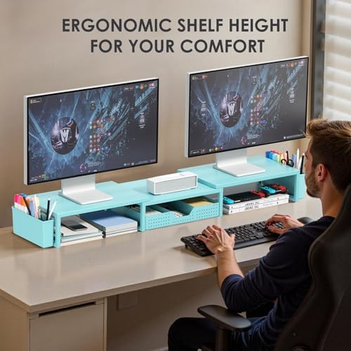 Desk Organizers and Accessories, Dual Monitor Stand Riser with Drawer and 2 Pen Holders, Desk Shelf Computer Racks for Office Workspace Organizers, Desktop Organization (Blue)