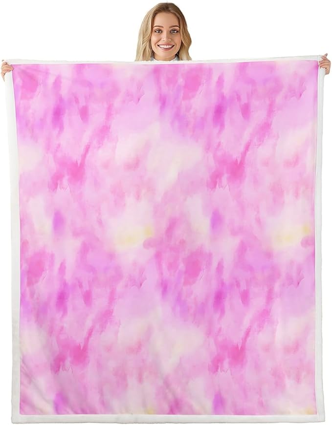Feelyou Pink Fleece Throw Blanket Throw 50"x60" Kids Tie Dye Watercolor Sherpa Blanket Plush Fuzzy for Bed Couch Chair Living Room, Dreamy Girly Bed Blanket Room Decor