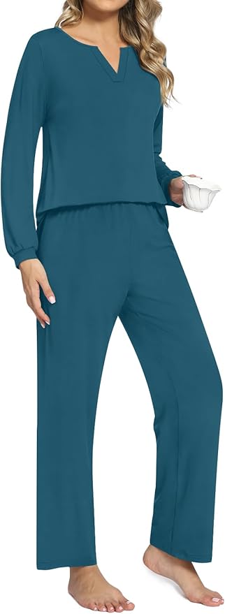 Anyally Women's Plus Size Pajama Sets Ladies Fall Pjs 2 Pieces Lounge Outfits V Neck Long Sleeves Sleepwear with Pockets